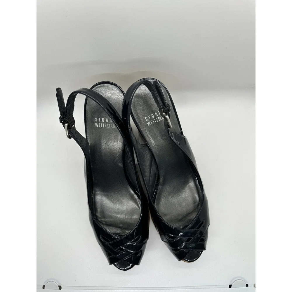 Stuart Weitzman Dolunch Patent Leather Espadrille Wedge Heel Sandals‎ Black 9M